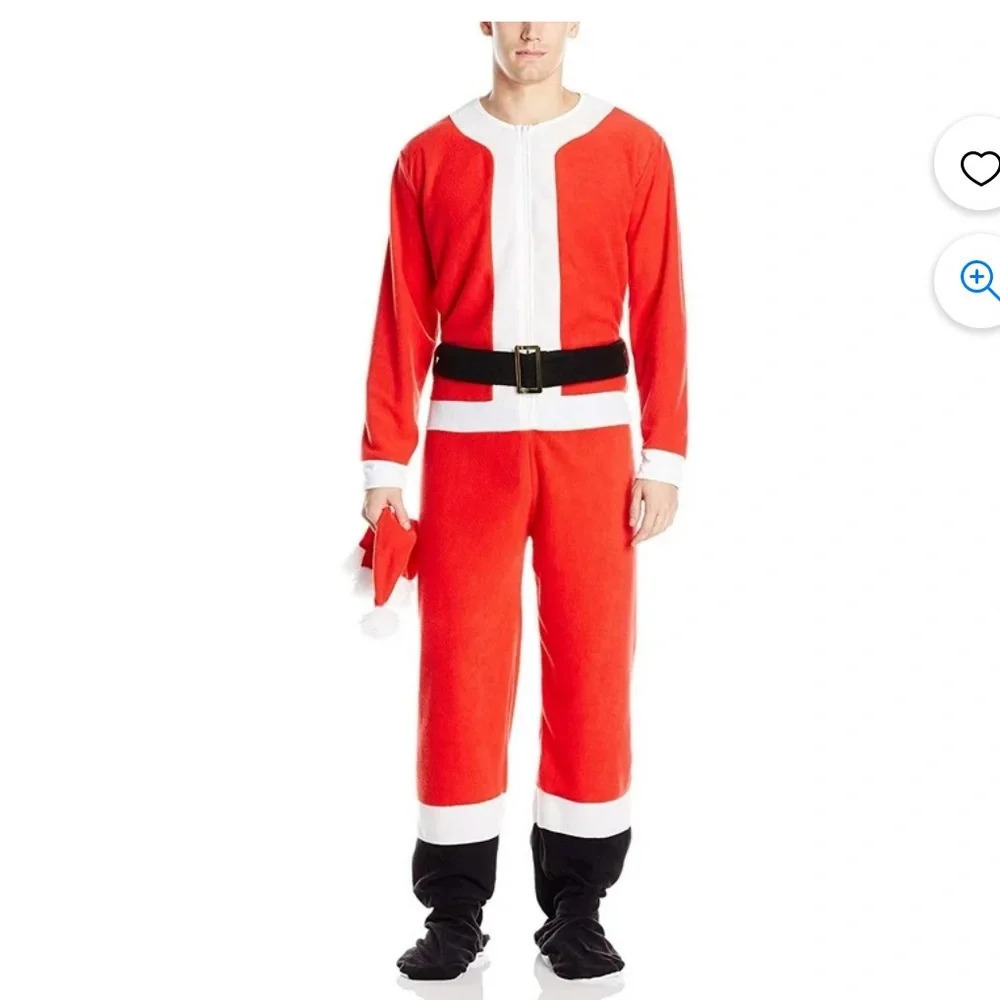 Secret Santa Footed Onesie Santa Size Small red white belt Christmas pajamas